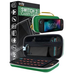Orzly Case Compatible with Nintendo Switch 2  Protective Travel Carry Case with Screen Padding, Game Card & microSD Slots, Zipped & Open Pockets for Accessories  7.9" Gift Boxed (GRN/GOLD)