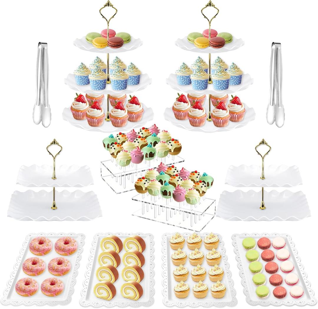 12 Pcs Cake Stand, Dessert Table Display Set, 4 Pcs Tiered Cupcake Stand Holder 2Pcs Cake Pop Stand 4Pcs Serving Tray and 2 Tongs for Tea Party Baby Shower Birthday