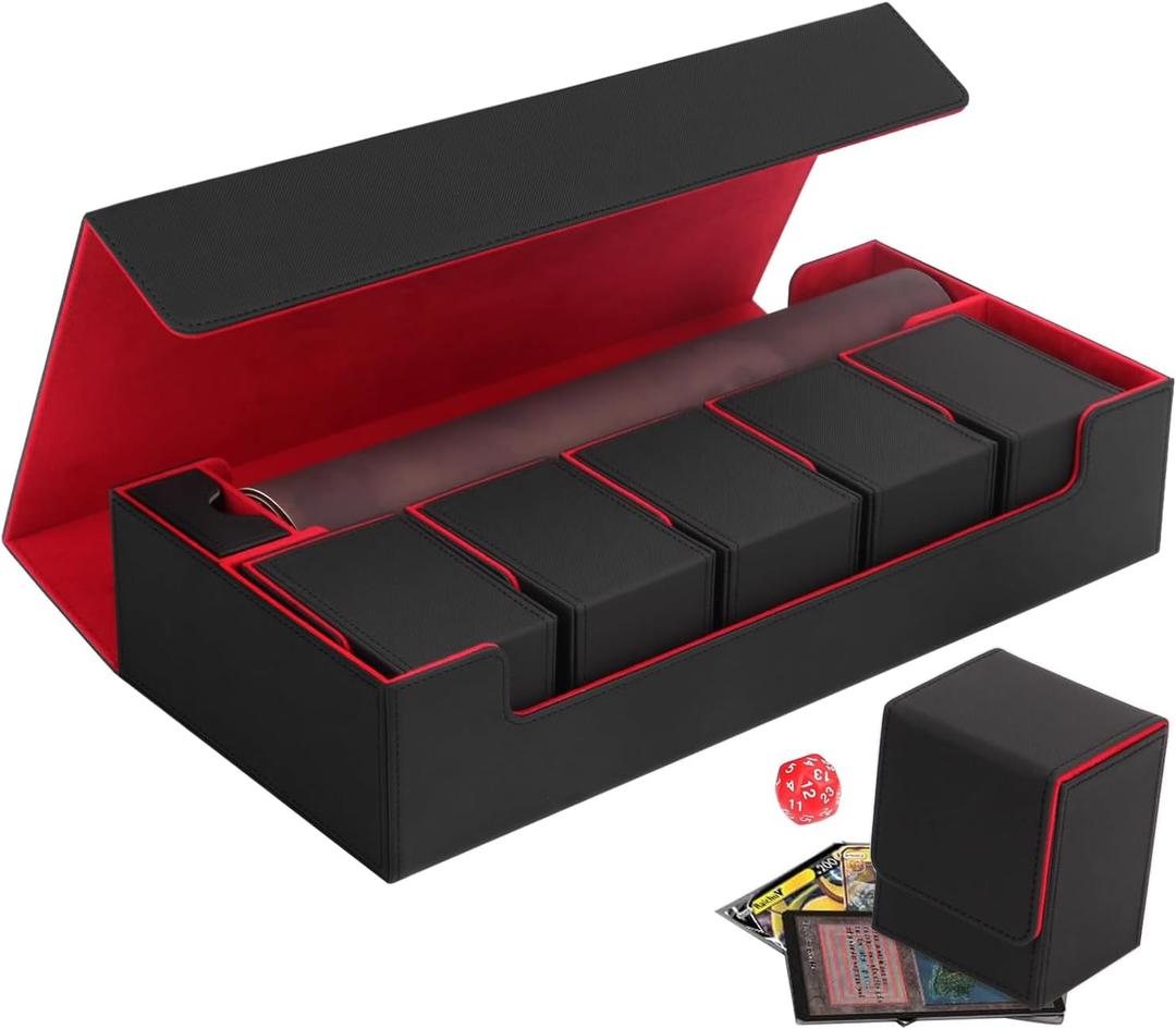 Premium Trading Card Storage Case TCG Deck Box Holds 1800+ Sleeved Cards for MTG, YuGiOh, Uno, Sport with Strong Magnet Closure (Black & Red)