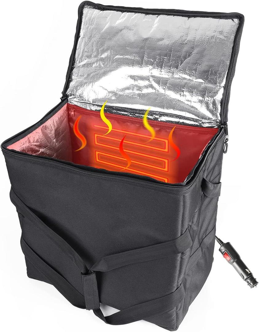 Insulated Heated Delivery Bag with Handle - Portable Microwave Food Warmer, Collapsible Grocery Boxes - Picnic Lunch Pizza Container for Food Transport