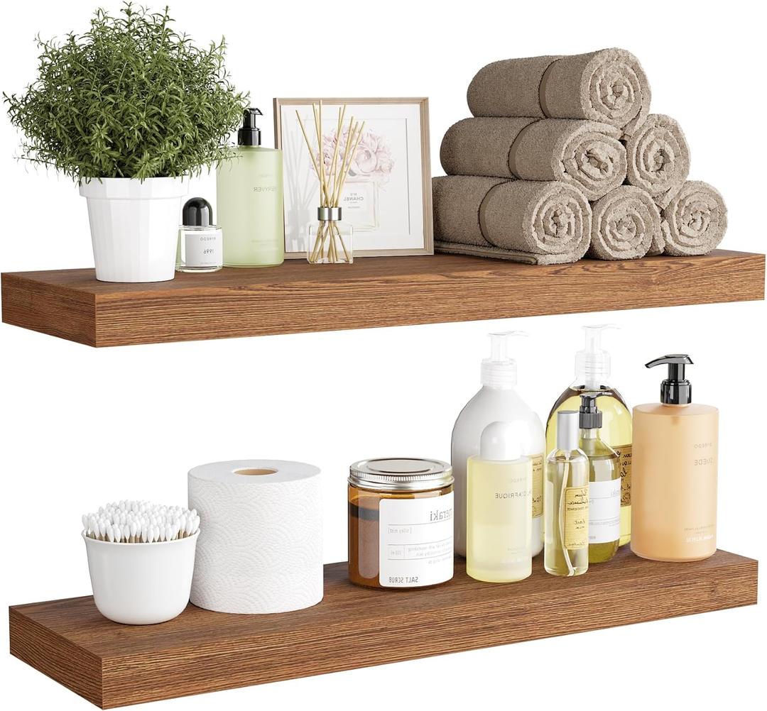 BAMEOS 24x6 Wall Shelf, 2-Shelf Modern Oak Floating Shelf Set for Bedroom, Bathroom, Kitchen Storage (American Red Oak)