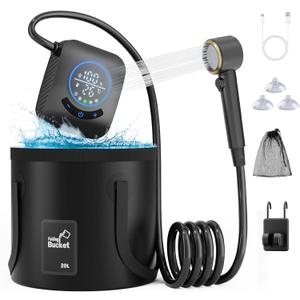 GOSCHE Portable Camping Shower, 8000mAh Rechargeable Outdoor Shower Pump with 20L Collapsible Bucket, Intelligent LED Display, IPX8 Waterproof Pump for RV, Travel, Hiking, Pet Bath, Beach
