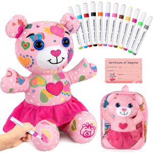 DRAWMYTOY Coloring Plush Toy with Washable Markers for Little Girls Doodle Dolls for Kids Ages 3-8 Birthday (Pink Bear)