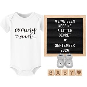 Coming Soon Baby Announcement Ideas, Surprise Pregnancy Announcement for Grandparents Dad Husband Family- Gender Reveal Baby Shower Gifts- Felt Letter Board, Onesie,Booties, Wooden Blocks (White Bodysuits)