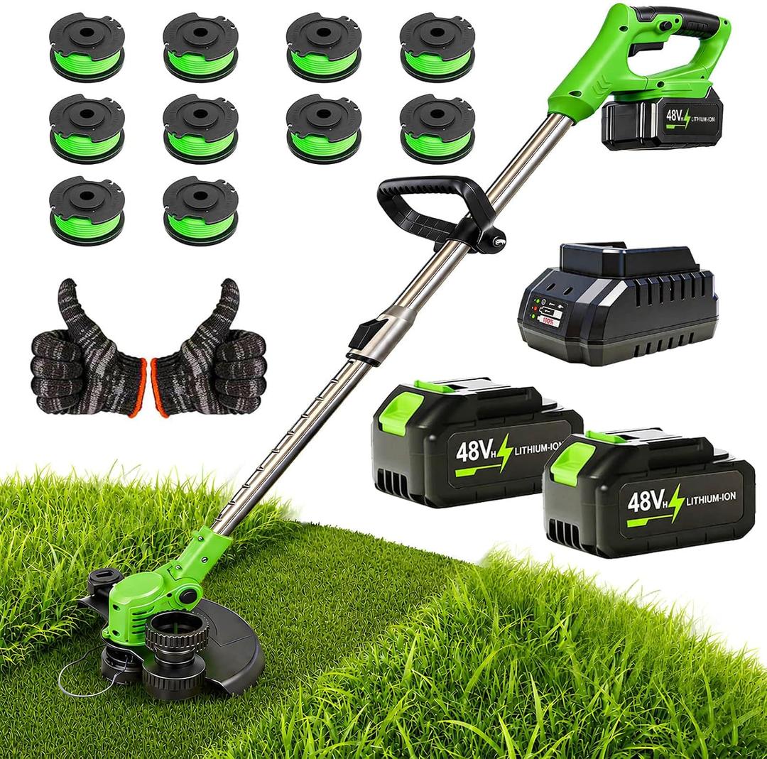 2026 Upgrade 48V 3 in 1 Electric Weed Wacker Cordless, 12’’ Electric Weed Eater Battery Powered 2x4.0AH, Cordless String Trimmer with Auto Spool Feed with 10 Replacement Spools - 1 pc Green