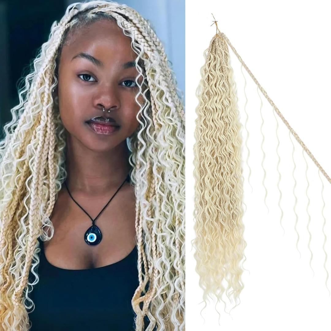 Goddess Box Braids Crochet Hair, 7 Packs 24 Inch Pre-Looped Synthetic Boho Braiding Hair for Black Women with 6 Luscious Curls, Full-Head Bohemian Style (#27/613)