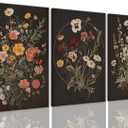 TUEASKY 3 Piece Canvas Wall Art Wildflower Wall Decor Botanical Pictures Floral Paintings Moody Framed Art Vintage Prints Dark Artwork for Bedroom Living Room 16x24in