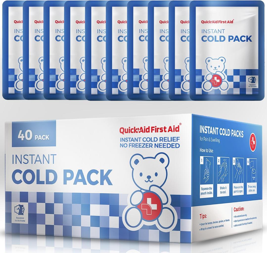 Quick Aid Instant Cold Packs - 40-Pack Disposable Ice Packs for Injuries, Pain Relief, Swelling, Sprains, Toothaches, Inflammation - No Freezing Required - First Aid Cold Compress