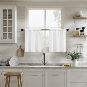 Short Linen Curtains 24 Inches Length for Kitchen Cafe Bathroom 2 Panels Dual Rod Pocket Privacy Semi Sheer Window Drapes Light Filtering White Small Curtains for Camper RV W25xL24