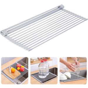 Roll Up Dish Drying Rack Tray Over Sink Detachable Foldable Collapsible Stainless Steel Multipurpose Kitchen Foldable Stainless Steel Drainer (17.5 * 13inch)