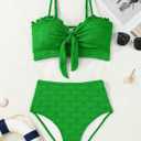 Herseas Women's Seashell Textured Bikini Sets Knotted Front 2 Piece Swimsuits Ruffle Trim Bathing Suits (Green, L)