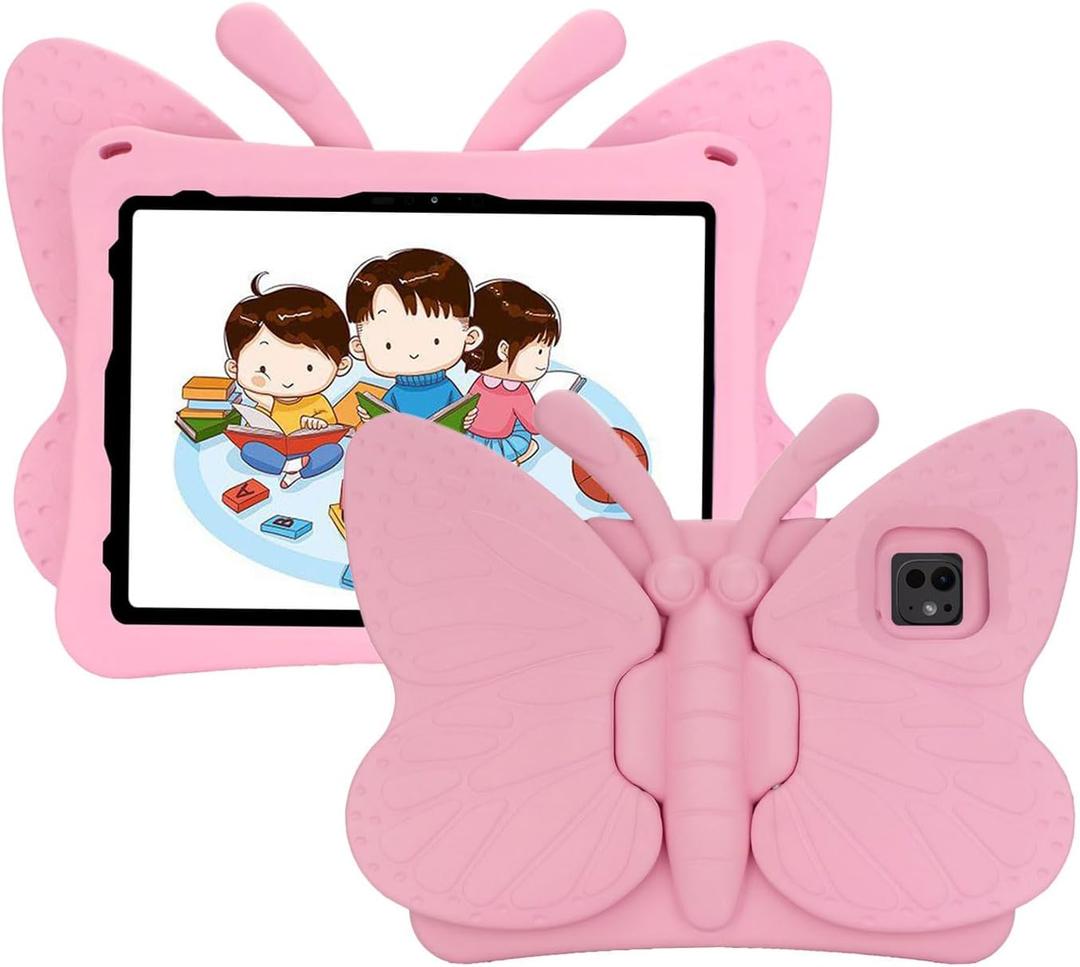 Kids Case for iPad Air 11-inch M3 (2025) / M2 (2024), iPad Air 5th (2022) / 4th Generation (2020) 10.9 Inch, Cute Butterfly Stand Cover for iPad Pro 11 Inch M4 2024 - Pink