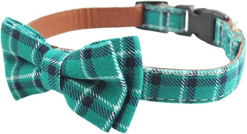 Dog Collar Bow Tie - Adorable Plaid Sturdy Soft Material&Leather Dog Collars for Small Medium Large Dogs Breed Pup Adjustable 12 Colors and 3 Sizes (Cyan Plaid, M 13"-18")