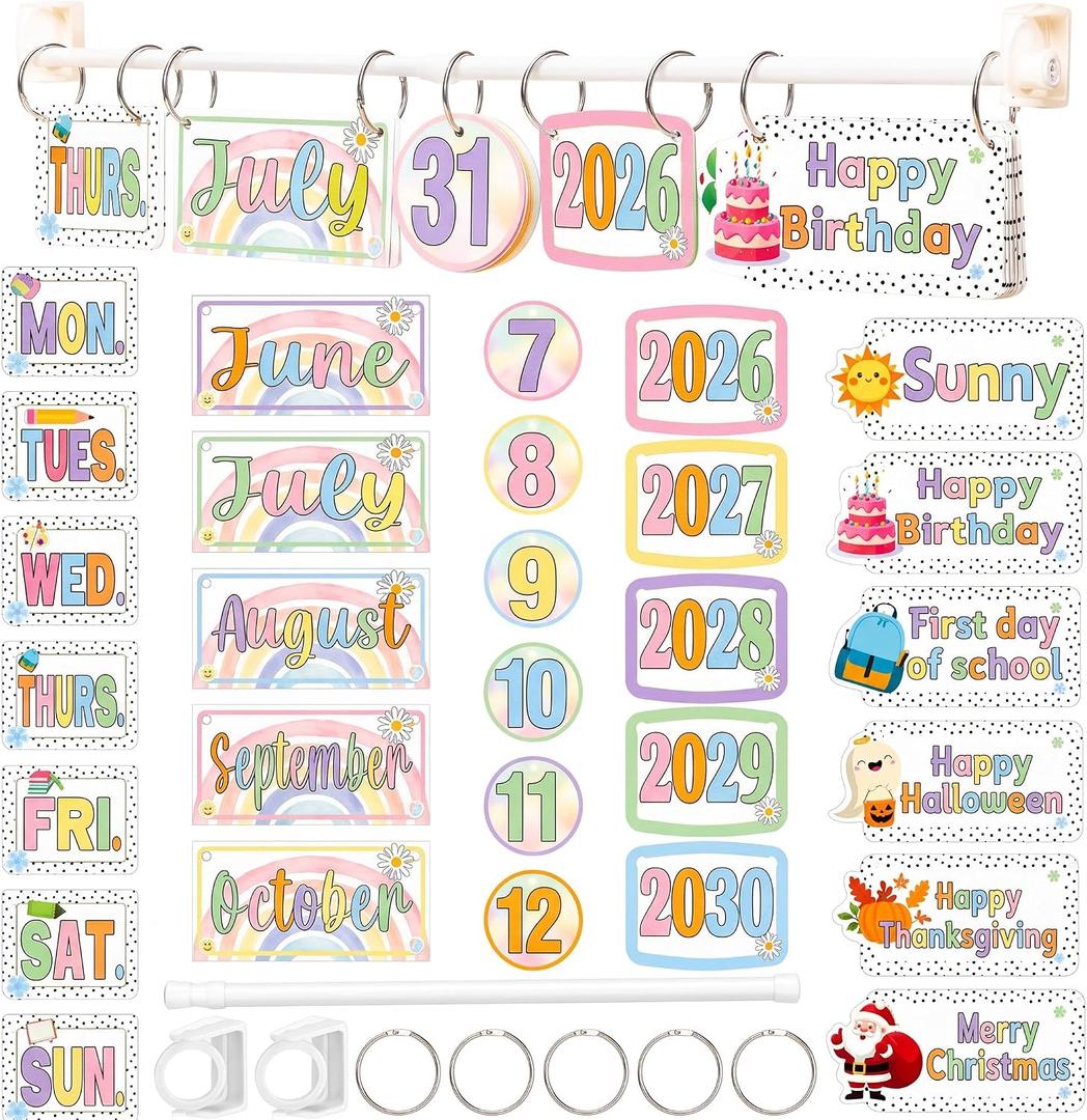 Pastel Magnetic Calendar Bulletin Board Set | Classroom Flip Calendar with Date Weather Chart Special Festival Cards Adjustable Holder for Back to School, Years 2026-2030