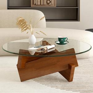 Coffee Table, Round Coffee Table for Living Room Modern Glass Coffee Table with Solid Wood Legs Farmhouse Mid Century Center Table Large Circle Cocktail Table (Walnut + Transparent, 35.4in)