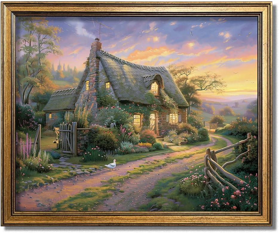 Vintage Framed Wall Art Country Cottage Painting Canvas Print Antique Gold Framed Wall Art Picture Wall Decor for Bedroom kitchen Living Room (cottage at dusk, 20L" x 16W")