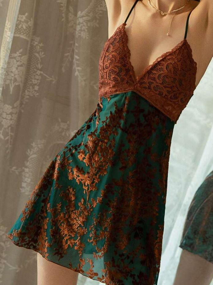 3D Burn-Out Embroidered Velvet Soft Lace Patchwork Lingerie, High-End Spaghetti Strap Nightgown, XL 