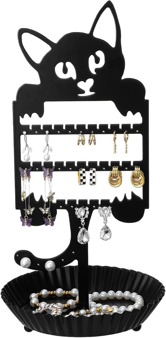 Cat Earring Holder - Earring Tree Organizer for Girls, Cute Cat Shaped Jewelry Stand with 36 Holes for Studs & Dangles, Metal Hanging Organizer for Necklaces & Rings (14.17" x 7.2" x 7.2")