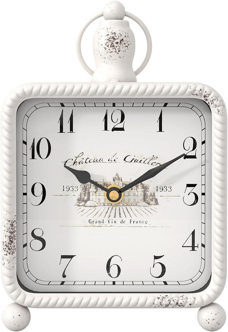 Vintage White Table Clock on Stand, Desk and Shelf Decor Clock, French Rustic Style Mantel Clocks for Farmhouse, Living Room, Bedroom, Bedside, Gift (8.5" H x 5.5" W)