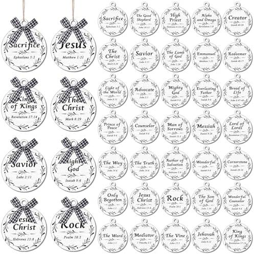 36 Pcs Names of Jesus Christ Christmas Ornament Set Wood Jesus Christmas Ornaments Hanging Religious Wood Christmas Decorations Mini Buffalo Plaid Bows for Christmas Tree Car Home Decor (Black, White)