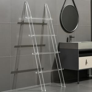Acrylic 4 Tier Clear Blanket Ladder Shelf for Blankets, Scarves, Towels and Clothes, Coat Rack with Extension Hooks for Living Room and Bedroom, Multiple Use as a Towel Rack in Bathroom