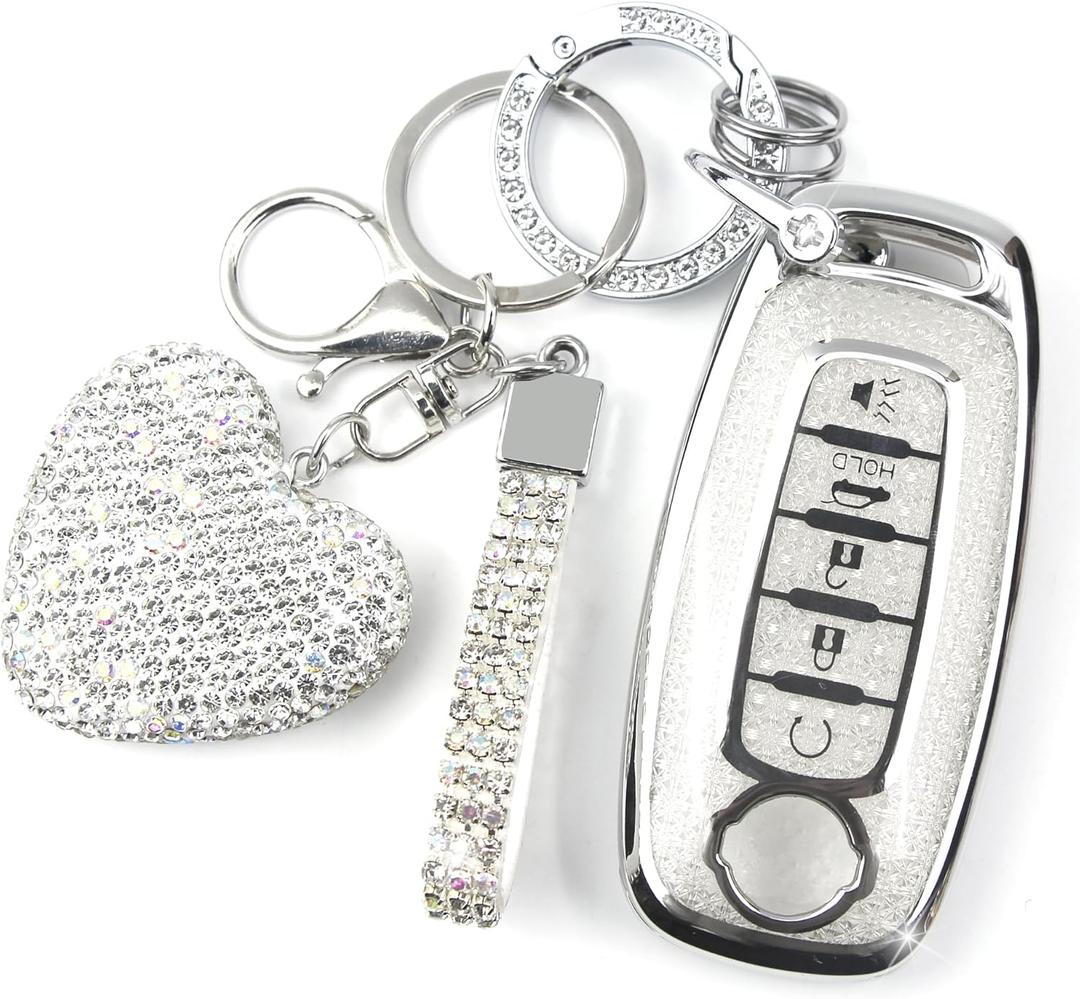 Key Fob Cover with Diamond Keychain Compatible with Nissan Car Key Holder Compatible with Nissan Rogue Pathfinder (2023 2024 2025) Sentra (2024 2025) for Women, 5 Buttons (Silver-Heart)