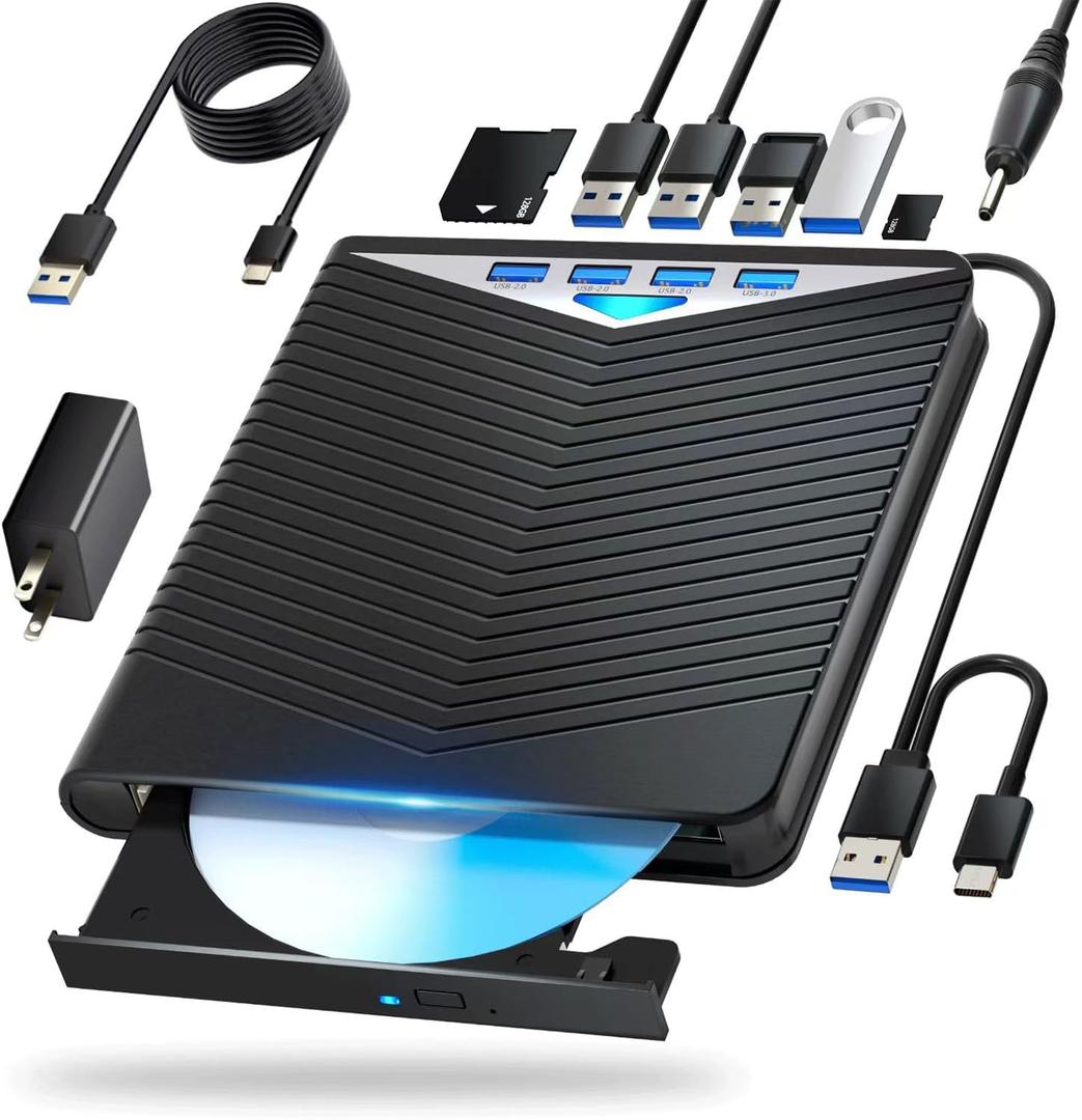 External Blu-ray Drive, Compatible with BD/DVD/CD Player/Read/Write USB 3.0 &/Type-C Windows 7-11 & Mac PC-Compatible with TF/SD/USB