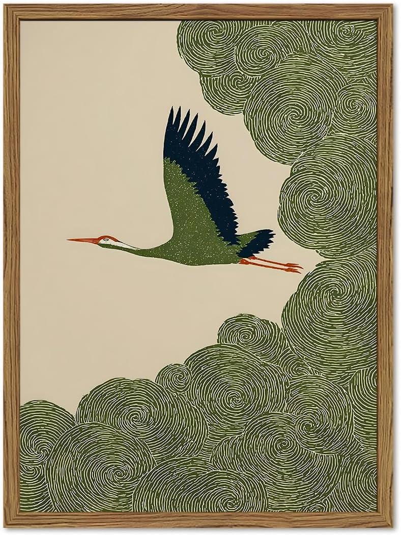 Japanese Crane Wall Art, Vintage Japan Bird Wall Decor Painting Rustic Green Flying Crane Poster Canvas Prints Picture for Bedroom Living Room Farmhouse 16x24 inch Wood Framed