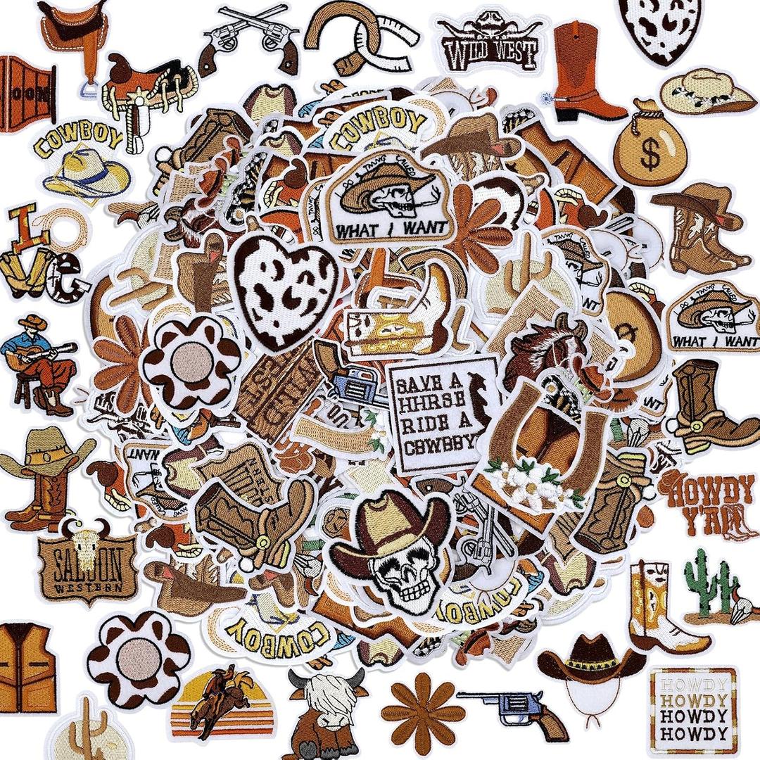 Thiccywoov 80 Pcs Country Western Cowboy Iron on Patches Embroidered Brown Patches for Hat Vintage Sew on Applique Bulk for Clothing Jackets Backpacks Stockings DIY Accessories