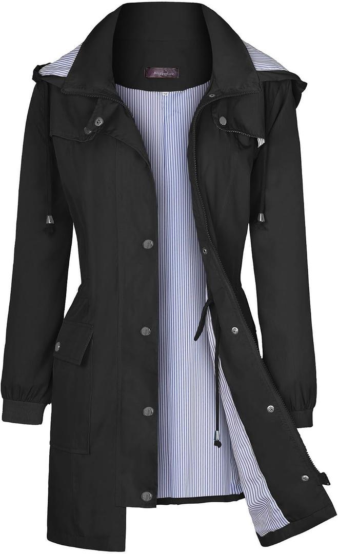 Bloggerlove Rain Jacket Women Lightweight Raincoat Waterproof Windbreaker Striped Climbing Outdoor Hooded Trench Coats Size XXL