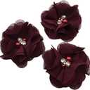 10 PC Burgundy Rhinestone Pearl Lace Petal Fabric Flowers Sewing Applique, 2.3 Inch