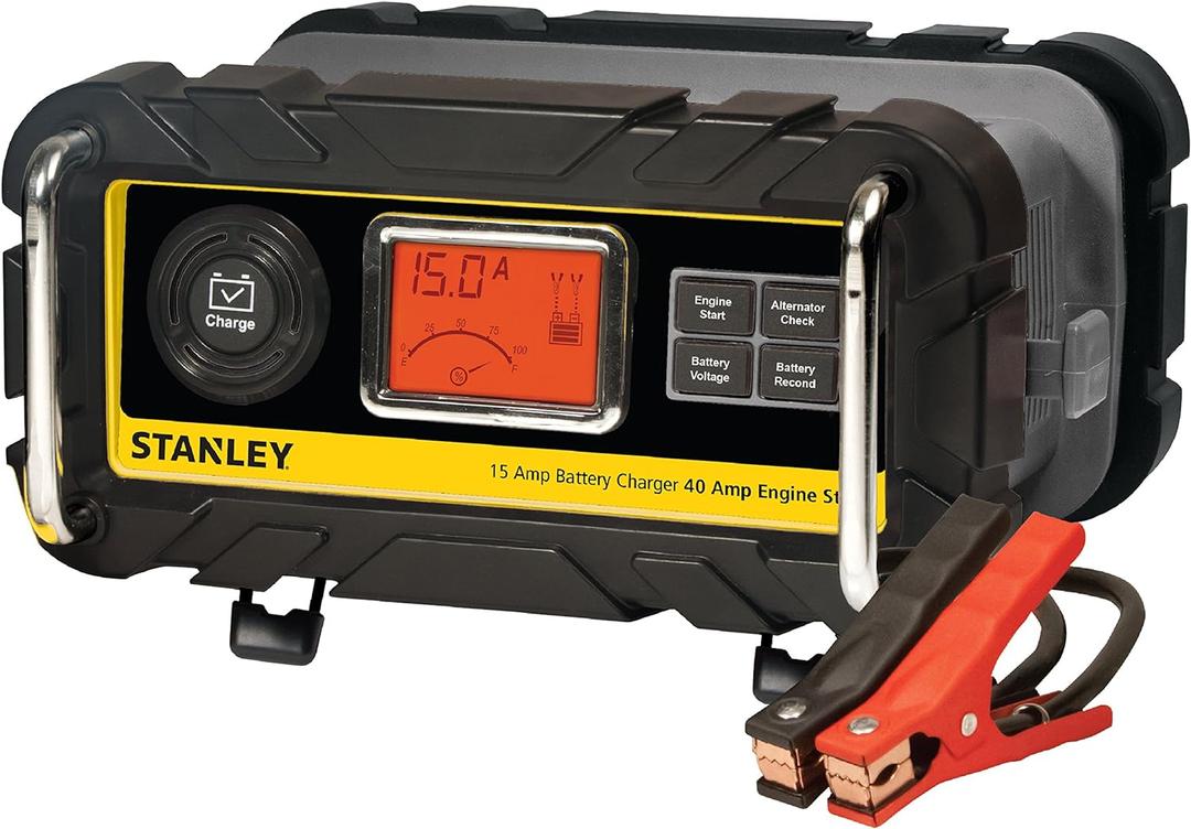 STANLEY BC15BS Fully Automatic 15 Amp 12V Bench Battery Charger/Maintainer with 40A Engine Start, Alternator Check, Cable Clamps (Red)