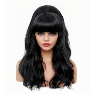 Rugelyss Long Wavy Black Wig with Bang Big Bouffant Beehive Wigs for Women fits 80s Costume or Halloween Party