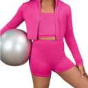 Floerns Girl's 3 Piece Workout Outfit Long Sleeve Zipper Jacket Biker Shorts Set with Tank Tops (Hot Pink)