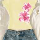 RoseSeek Girl's Floral Graphic Crop Tops Tees Short Sleeve Crewneck Cute Slim Fit T Shirt Summer Tops (Yellow)