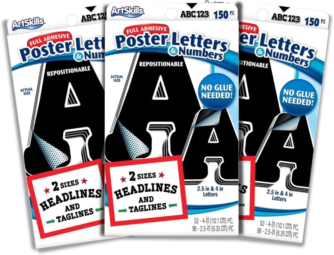 ArtSkills Paper Poster Letters and Numbers for Projects and Crafts, 4" and 2.5", Black, 150 Pieces - Multiple Sheets Per Letter Pad - Pack of 3 (3 Count)