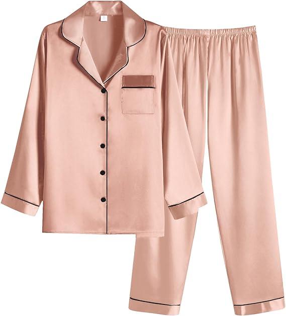 Ekouaer Women Satin Pajamas Set Classic Button Down Long Pjs Set, Size S