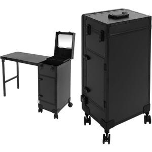 Rolling Manicure Table Foldable Nail Desk w/3 Drawers LED Mirror & Nail Polish Organizer, Portable Travel Nail Desk with storage on Wheels Lockable Makeup Train Case (Black)