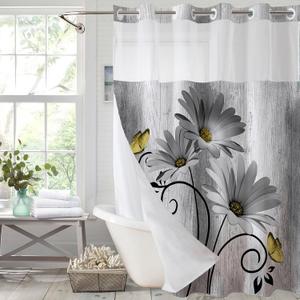 Muuyi Hookless Shower Curtain with Snap in Liner, Grey No Hook Shower Curtains for BathroomShower Curtain and Liner Set for Bathroom Decor,Waterproof & Washable,72W x 75L Inch