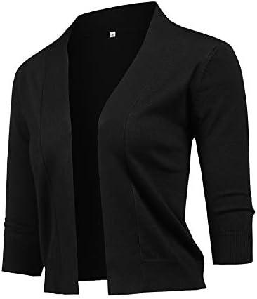 URRU Women's Classic 3/4 Sleeve Open Front Cropped Cardigan Sweater Lightweight Knit Short Shrugs,L