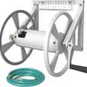 Artigarden Triangle Wall Mounted Garden Hose Reel, Outdoor Heavy-Duty Water Hoses Holder Winder, Holds 125 Ft of 5/8-Inch Hose, with 3.9 ft Leader Hose, Brass Fitting, Storage Basket for Yard, White