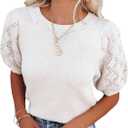 Spring Short Sleeve Sweaters for Women Puff Sleeve Lightweight Sweater Tops Dressy Casual (White, L)