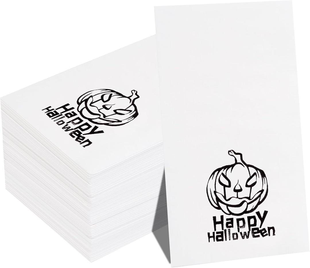 Nervure 100PCS Halloween Paper Napkins - White Disposable Napkins with Black Pumpkin - Paper Hand Towels Decorative Dessert Dinner Hand Napkin for Halloween Party Home Kitchen Bathroom