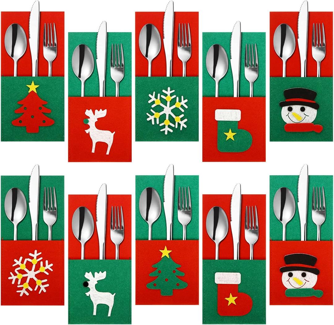 10 Pieces Christmas Silverware Holder Pocket Tableware Cutlery Organizers Felt Xmas Tree Snowman Reindeer Snowflake Stocking Knife Fork Flatware Bags Christmas Party Dinner Table Supplies