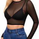 MANGOPOP Women's Short Sleeve Long Sleeve Sheer Mesh Crop Tops Tee Shirt Blouse (Black, XS)