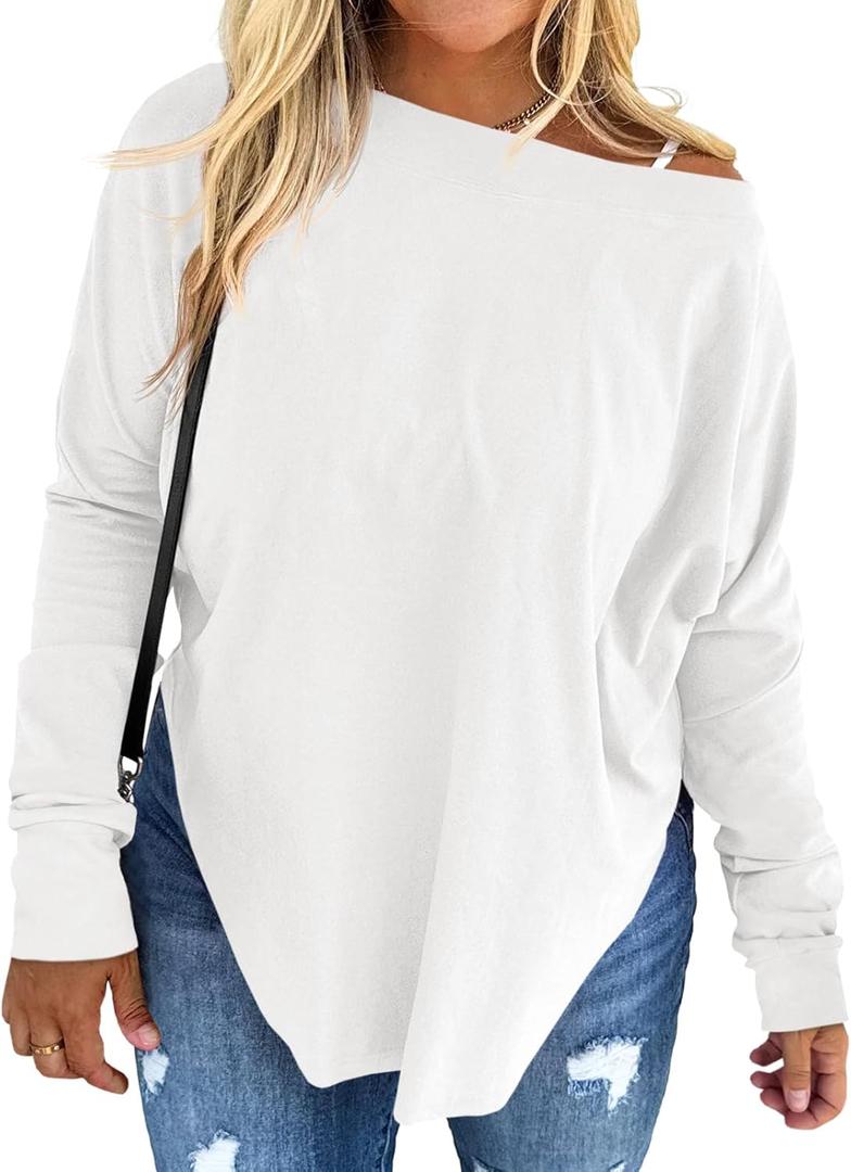 Beautife Women's Plus Size Tops Off Shoulder Long Sleeve Loose T Shirts Casual Curved Hem Tunics Tee Shirt (4X-Large)
