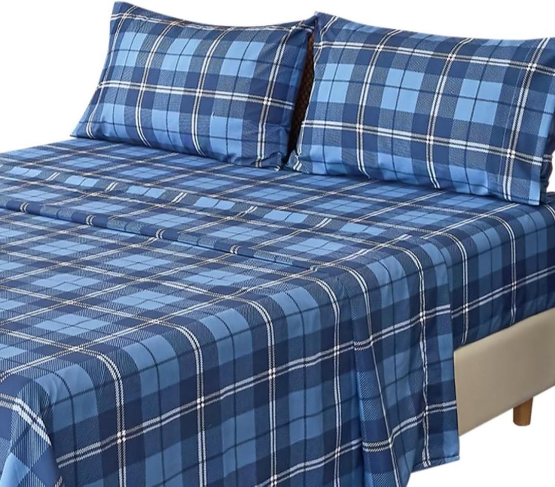 MICORAL Queen Sheet Set Plaid Patten, 4-Piece Printed Sheets, Silky & Lightweight Bedding Set, 16" Deep Pocket, Ultra Soft & Cooling Sheet, Oeko-TEX Certified, Plaid Royal Blue