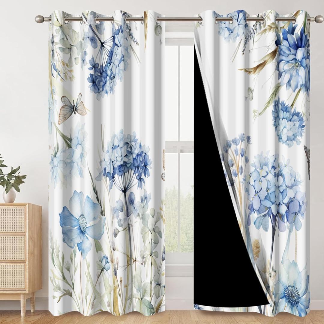 AWERT Floral Printed Blackout Curtains 63 Inches Long 2 Panels Blue Flowers Blossom Hydrangea Butterflies Romantic Window Treatments for Bedroom Living Room Thermal Insulating, Each Size 42x63 Inches