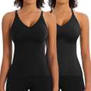 2 Pack Workout Tank Tops with Built in Bra for Women V Neck Seamless Ribbed T-Back Tank & Adjustable Strap Camisole (Large)