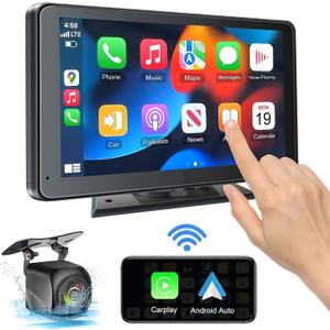 Portable Wireless with Apple CarPlay and Android Auto Screen for Car, 7" HD Touch Screen Car Stereo with Mirror Link, Bluetooth 5.2, Backup Camera, AUX,FM Transmitter for All Vehicle